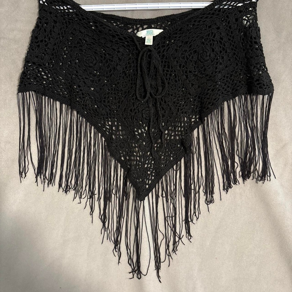 J lo, 2000s Black crochet fringe shawl with tie front detail, one size fits all